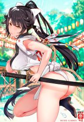 Rule 34 | 1girl, ass, azur lane, black footwear, black hair, bow, breasts, closed mouth, commentary request, festival, from side, fundoshi, hair between eyes, hair bow, hair flaps, hayakawa akari, holding, holding sword, holding weapon, japanese clothes, katana, kimono, large breasts, mizu happi, ponytail, ribbon, solo, sword, takao (azur lane), weapon, white bow, white kimono, white ribbon, yellow eyes