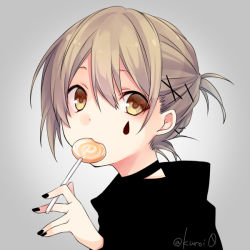 Rule 34 | 1girl, profile picture, black choker, black nails, brown eyes, candy, choker, commentary request, facial tattoo, food, grey background, hair ornament, hair pulled back, hairpin, hand up, holding, holding candy, holding food, holding lollipop, kuroi (liar-player), light brown hair, lollipop, looking at viewer, nail polish, nape, original, short hair, solo, swirl lollipop, tattoo, teardrop, upper body, very short hair