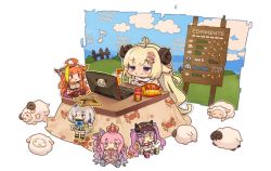 Rule 34 | 1girl, ahoge, amane kanata, animal, animal ears, bag of chips, bendy straw, blonde hair, blue hair, blush, brown hair, character doll, closed mouth, commentary request, computer, crab print, curled horns, drinking straw, eighth note, green eyes, hair ornament, hair over one eye, hairclip, heterochromia, himemori luna, hololive, horns, ice, ice cube, itsuki tasuku, kiryu coco, kiryu coco (1st costume), kotatsu, laptop, long hair, multicolored hair, musical note, purple eyes, purple hair, sheep, sheep ears, sheep horns, sign, silver hair, smile, solo, streaked hair, table, tokoyami towa, translation request, tsunomaki watame, tsunomaki watame (1st costume), two-tone hair, very long hair, virtual youtuber, white background