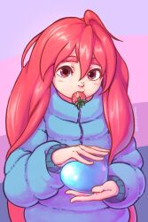 Rule 34 | 1girl, absurdres, ahoge, celeste (video game), food, fruit, heart, highres, horsefeathers, long hair, long sleeves, looking at viewer, madeline (celeste), simple background, solo, strawberry, very long hair
