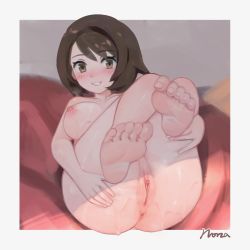 Rule 34 | 1girl, alternate breast size, anus, ass, bad id, barefoot, blush, bob cut, border, breasts, brown eyes, brown hair, clitoris, completely nude, creatures (company), feet, foot focus, foreshortening, full body, game freak, gloria (pokemon), hand on own thigh, highres, large breasts, legs up, looking at viewer, lying, medium breasts, nintendo, nipples, norza, nude, on back, outside border, pokemon, pokemon swsh, presenting pussy, pussy, revision, short hair, signature, smile, soles, solo, toes, uncensored, white border