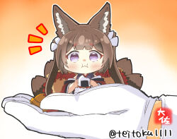 1girl :3 amagi-chan_(azur_lane) animal_ears azur_lane bluesky_username eating food fox_ears fox_girl fox_tail gloves hikimayu holding holding_food in_palm kitsune looking_at_viewer mini_person minigirl multiple_tails notice_lines onigiri rope shimenawa tail taisa_(kari) twitter_username wide_sleeves