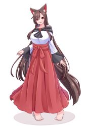 Rule 34 | 1girl, adapted costume, animal ears, barefoot, brown hair, commentary, full body, hakama, hakama skirt, hashi2387, highres, imaizumi kagerou, japanese clothes, long hair, long skirt, looking at viewer, off shoulder, red eyes, red skirt, simple background, skirt, solo, standing, tail, touhou, white background, wolf ears, wolf girl, wolf tail