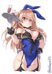 Rule 34 | 1girl, adapted costume, animal ears, bare shoulders, black thighhighs, blue leotard, breasts, brown eyes, cleavage, covered navel, cropped legs, ebifurya, fake animal ears, garter straps, hair between eyes, hand on own hip, highres, johnston (kancolle), kantai collection, leotard, light brown hair, long hair, medium breasts, off shoulder, playboy bunny, rabbit ears, rabbit tail, sailor collar, simple background, solo, tail, thighhighs, thighs, tray, two side up, white background