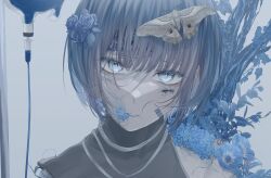 Rule 34 | 1girl, barcode, blue flower, blue hair, blue liquid, blue theme, blunt bangs, bubble pimbolaria, bug, cicada, flower, forget-me-not (flower), grey eyes, highres, insect, intravenous drip, looking at viewer, mole, mole under mouth, original, short hair