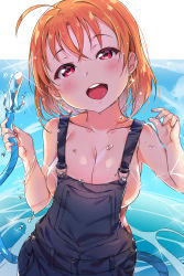 Rule 34 | 10s, 1girl, :d, absurdres, ahoge, alternate breast size, bare arms, bare shoulders, blush, breasts, cleavage, collarbone, earrings, fingernails, glint, hair between eyes, hands up, head tilt, highres, holding, holding hose, hose, jewelry, large breasts, long hair, looking at viewer, love live!, love live! sunshine!!, naked overalls, no bra, open mouth, orange hair, overalls, red eyes, round teeth, smile, solo, sparkle, takami chika, teeth, tem10, upper teeth only, water, wet