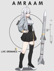 Rule 34 | 1girl, ahoge, aim-120 amraam, air-to-air missile, artist name, atamonica, beyond-visual-range missile, black leotard, black skirt, black socks, blue eyes, character name, choker, circle, covered navel, cropped shirt, english text, full body, grey background, grey jacket, hands on own hips, high heels, jacket, kneehighs, leotard, looking at viewer, midriff, missile, open clothes, open jacket, original, over-kneehighs, personification, shirt, shoes, simple background, skirt, socks, solo, standing, surface-to-air missile, thighhighs, tongue, tongue out, weapon, white footwear, white hair, white shirt, yellow choker