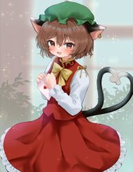 Rule 34 | 1girl, :d, animal ear piercing, animal ears, blush, bow, bowtie, brown eyes, brown hair, cat ears, cat tail, chen, commentary request, cowboy shot, earrings, envelope, fangs, fingernails, flat chest, frills, gold trim, green hat, hands up, happy, hat, heart, heart tail, holding, holding envelope, jewelry, long hair, long sleeves, mikan (manmarumikan), mob cap, multiple tails, nekomata, open mouth, petite, petticoat, red skirt, red vest, short hair, single earring, skirt, skirt set, smile, solo, sparkle, standing, tail, touhou, two tails, vest, yellow bow, yellow bowtie