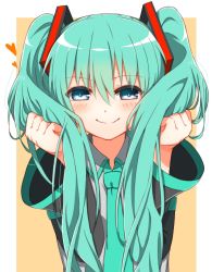 Rule 34 | 1girl, aqua hair, blue eyes, blush, framed, hair ornament, hatsune miku, heart, highres, long hair, looking at viewer, necktie, orange background, outside border, shiime, smile, solo, twintails, vocaloid