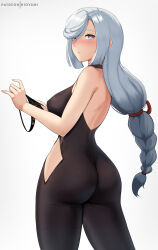 Rule 34 | 1girl, absurdres, ass, black bodysuit, black panties, blue eyes, blush, bodysuit, breasts, closed mouth, from behind, genshin impact, grey hair, highres, hioyami, hip vent, holding, holding clothes, holding panties, holding underwear, large breasts, long hair, looking at viewer, looking back, panties, patreon username, shenhe (genshin impact), simple background, thighs, underwear