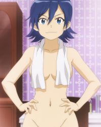Rule 34 | 10s, 1girl, blue eyes, blue hair, breasts, censored, convenient censoring, female focus, groin, hands on own hips, highres, indoors, kashima sonora, looking at viewer, matching hair/eyes, medium breasts, navel, nude, out-of-frame censoring, screencap, short hair, solo, standing, tokurei sochi dantai stella jogakuin c3 bu, tomboy, towel, towel around neck, towel over breasts