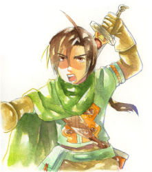 Rule 34 | 1boy, brown eyes, brown hair, cape, felix (golden sun), gloves, gradient background, hair tie, long hair, male focus, ponytail, solo, sword, weapon, white background