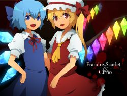 Rule 34 | 2girls, bad id, bad pixiv id, blonde hair, blue eyes, blue hair, bow, cirno, fang, flandre scarlet, hair bow, hat, kmatsuda, matsuda toki, multiple girls, ponytail, red eyes, short hair, side ponytail, embodiment of scarlet devil, touhou, wings