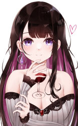 Rule 34 | 1girl, absurdres, alcohol, blush, breasts, cleavage, cup, drink, drinking glass, earrings, highres, holding, holding cup, holding drink, indoors, jewelry, koinoya mai, large breasts, long hair, looking at viewer, mole, propro production, purple eyes, sakkama, smile, virtual youtuber, white background, wine, wine glass