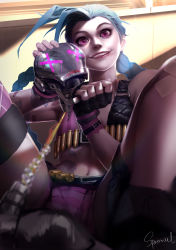 Rule 34 | 1girl, asymmetrical footwear, asymmetrical gloves, bare shoulders, bikini, bikini top only, black gloves, blue hair, boots, braid, breasts, bullet, elbow gloves, fingerless gloves, full body, gloves, highres, jinx (league of legends), knee boots, league of legends, long hair, mismatched footwear, mismatched gloves, pink eyes, short shorts, shorts, single elbow glove, single knee boot, small breasts, smile, solo, sparrowl, swimsuit, tattoo, thigh strap, thighhighs, twin braids, very long hair