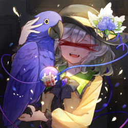 Rule 34 | 1girl, ^ ^, animal, bandaid, bird, black bow, black bowtie, black hat, blood, blue flower, blue rose, bow, bowtie, brooch, censored, closed eyes, commentary request, eyeball, fangs, flower, frilled shirt collar, frills, hair between eyes, hand up, hat, hat flower, holding, holding animal, hyacinth macaw, identity censor, jewelry, komeiji koishi, long sleeves, macaw, musical note, musical note print, open mouth, parrot, petals, puffy sleeves, rose, shirt, short hair, silver hair, sindre, smile, solo, sparkle, tears, third eye, touhou, upper body, white flower, yellow shirt