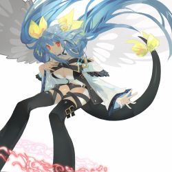 Rule 34 | 1girl, angel wings, asymmetrical wings, belt, black panties, black thighhighs, blue hair, breasts, choker, cleavage, detached sleeves, dizzy (guilty gear), feet out of frame, found modori, guilty gear, guilty gear xrd, hair between eyes, hair ribbon, hair rings, hand on own chest, highres, large breasts, looking at viewer, magic circle, monster girl, panties, red eyes, ribbon, shirt, simple background, solo, tail, tail ornament, tail ribbon, thigh strap, thighhighs, twintails, underwear, white background, white shirt, wide sleeves, wind, wind lift, wings, yellow ribbon