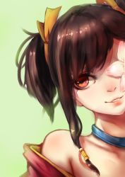 Rule 34 | 10s, 1girl, bare shoulders, brown hair, choker, flower, green background, hair ribbon, head tilt, highres, koutetsujou no kabaneri, mumei (kabaneri), orange eyes, pantie painting, parted lips, ribbon, short hair with long locks, simple background, smile, solo, twintails, upper body, yellow ribbon