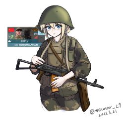 Rule 34 | 1boy, 1girl, 1other, ak-74, aks-74, ammunition pouch, assault rifle, bag, blonde hair, blue eyes, body armor, brown bag, brown headwear, brown jacket, brown pants, bulletproof vest, camouflage, camouflage jacket, camouflage pants, chevron (symbol), cold war, collared jacket, combat helmet, commentary, commission, cowboy shot, cropped legs, english commentary, expressionless, fatigues, field cap, folding stock, game screenshot inset, green headwear, green helmet, gun, gun sling, hair between eyes, hair bun, hat, helmet, highres, jacket, kalashnikov rifle, load bearing vest, looking at viewer, messenger bag, military, military hat, military uniform, pants, parted lips, pixiv commission, portrait, pouch, rifle, shirt, short hair, shoulder bag, sidelocks, simple background, single hair bun, soldier, solo focus, soviet, soviet army, soviet flag, striped clothes, striped shirt, teeth, telnyashka, triangle, twitter username, uniform, upper teeth only, warno (game), weapon, weimar 29, white background
