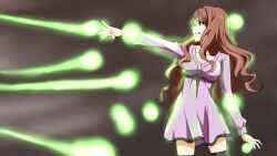 Rule 34 | 1girl, black thighhighs, breasts, brown eyes, brown hair, cleavage, commentary request, dress, energy, energy ball, energy beam, feet out of frame, glowing, grey background, grin, highres, large breasts, long hair, long sleeves, looking to the side, mugino shizuri, outstretched arms, plasma, psychic, purple dress, short dress, smile, solo, standing, teeth, thighhighs, thighs, toaru kagaku no railgun, toaru kagaku no railgun s, toaru majutsu no index, toberux, wavy hair, zettai ryouiki