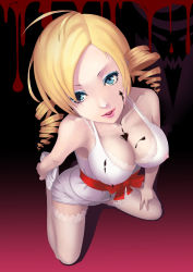 Rule 34 | 1girl, absurdres, bad id, bad pixiv id, blonde hair, blood, blue eyes, bow, bra, bra strap, breasts, catherine, catherine (game), chocolate, cleavage, collarbone, covered erect nipples, demon girl, dress, drill hair, eyelashes, feet up, from above, full body, gradient background, high heels, highres, kneeling, lace, lace-trimmed bra, lace-trimmed legwear, lace trim, large breasts, lipstick, long hair, looking at viewer, makeup, nipples, parted lips, pink lips, red bow, red ribbon, rhasta, ribbon, see-through, shadow, shoe soles, shoes, sleeveless, sleeveless dress, solo, swept bangs, thighhighs, twin drills, underwear, waist bow, white dress, white footwear, white heels, white thighhighs