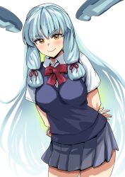 Rule 34 | 1girl, alternate costume, arms behind back, asava (hutaitenn), blue sweater, bow, bowtie, collared shirt, commentary request, cowboy shot, dress shirt, grey hair, grey skirt, hair ribbon, highres, kantai collection, leaning forward, long hair, looking at viewer, murakumo (kancolle), orange eyes, pleated skirt, red bow, red bowtie, ribbon, school uniform, shirt, sidelocks, skirt, solo, sweater, sweater vest, tress ribbon, white shirt