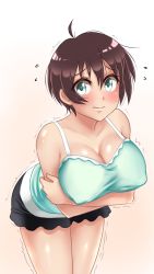 Rule 34 | 10s, 1girl, ahoge, aqua eyes, bare shoulders, blush, breast hold, breasts, brown hair, cleavage, embarrassed, covered erect nipples, large breasts, leaning forward, looking at viewer, new game!, shinoda hajime, short hair, solo, trembling, twrlare