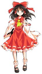 Rule 34 | 1girl, alphes (style), ascot, black eyes, black hair, dairi, detached sleeves, dress, full body, hair ornament, hair tubes, hakurei reimu, hand on own hip, long hair, long sleeves, looking at viewer, parody, red dress, smile, solo, style parody, touhou, transparent background, wide sleeves