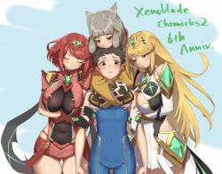 Rule 34 | 1boy, 3girls, animal ears, anniversary, blonde hair, blue background, blush, breasts, brown hair, cat ears, cat girl, cleavage, closed eyes, commentary request, core crystal (xenoblade), covered navel, dual persona, english text, eyelashes, grey hair, harem, highres, hug, large breasts, long hair, matching hair/eyes, monoi daru, multiple girls, mythra (xenoblade), nia (xenoblade), pyra (xenoblade), red hair, rex (xenoblade), short hair, side slit, skindentation, smile, thigh gap, tiara, xenoblade chronicles (series), xenoblade chronicles 2, yellow eyes