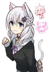 Rule 34 | &gt; &lt;, 3girls, :d, > <, ahoge, animal ear fluff, animal ears, bell, black shirt, blue eyes, blush, cat ears, cat girl, cat tail, chibi, chibi inset, choker, closed eyes, closed mouth, double bun, grey hair, grey skirt, hair between eyes, hair bun, hair ornament, hand up, heart, heart in mouth, highres, hood, hood down, hoodie, jingle bell, long hair, long sleeves, multiple girls, neck bell, neck ribbon, open mouth, original, plaid, plaid skirt, purple choker, purple ribbon, ribbon, shirt, simple background, skirt, smile, somechime (sometime1209), tail, two side up, white background, white hoodie, xd
