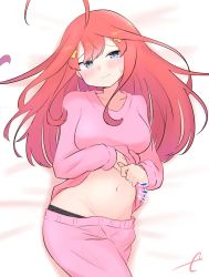 Rule 34 | 1girl, ahoge, bed sheet, black panties, blue eyes, blush, breasts, closed mouth, clothes lift, commentary request, eyebrows hidden by hair, go-toubun no hanayome, groin, hair ornament, head tilt, highres, kujou karasuma, lifted by self, long hair, medium breasts, nakano itsuki, navel, notice lines, panties, pants, pink pants, pink shirt, red hair, shirt, shirt lift, signature, sleeves past wrists, solo, star (symbol), star hair ornament, stomach, sweat, underwear, very long hair