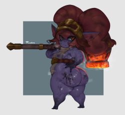 Rule 34 | 1girl, absurdres, ass, breasts, curvy, dirty, dirty face, dirty feet, forastero, hammer, hat, highres, huge ass, league of legends, pointy ears, poppy (league of legends), shortstack, small breasts, solo, standing, sweat, thick thighs, thighs, twintails, yordle