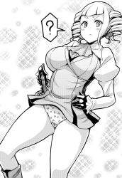 Rule 34 | 10s, 1girl, :&lt;, ?, black gloves, blonde hair, blush stickers, boots, breasts, ascot, dress, drill hair, dutch angle, gloves, greyscale, gundam, gundam build fighters, hand on own hip, highres, juliet sleeves, large breasts, long sleeves, looking at viewer, monochrome, panties, pantyshot, puffy long sleeves, puffy sleeves, short hair, solo, standing, translation request, underwear, wakame, yajima caroline