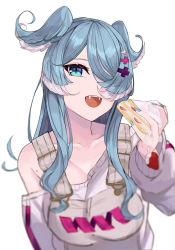 Rule 34 | 1girl, blue eyes, blue hair, blue nails, breasts, cake, cleavage, collarbone, elira pendora, elira pendora (1st costume), fangs, female focus, food, grey overalls, hair over one eye, head wings, highres, holding, holding food, large breasts, leaning forward, long hair, looking at viewer, looking to the side, mole, nail polish, namiura, nijisanji, nijisanji en, off shoulder, one eye covered, open mouth, overalls, solo, sweater, virtual youtuber, white background, white sweater, wings