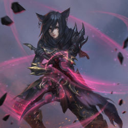 Rule 34 | 1girl, black hair, chaosringen, closed mouth, commission, dual wielding, earrings, facial mark, fighting stance, final fantasy, final fantasy xiv, gloves, glowing, glowing weapon, gold trim, hair between eyes, highres, holding, jewelry, lips, long hair, looking at viewer, miqo&#039;te, ninja (final fantasy), red eyes, solo, weapon