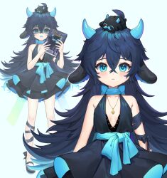 Rule 34 | 1girl, :3, ahoge, animal ears, black dress, black footwear, black ribbon, blue bow, blue eyes, blue hair, blue tongue, blush, book, bow, colored tongue, dress, english text, facial hair, highres, holding, holding book, horns, jewelry, lerome, long hair, mustache, necklace, open mouth, original, ribbon, solo, stuffed animal, stuffed toy