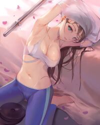 Rule 34 | 1girl, absurdres, armpits, arms up, blue eyes, breasts, brown hair, cleavage, clothes lift, feet, goddess of victory: nikke, half-closed eyes, highres, large breasts, legs, lifted by self, long hair, looking at viewer, midriff, navel, nekobell, pants, rumani (nikke), seductive gaze, shirt lift, sitting, solo, sports bra, sweat, thighs, thong, undressing