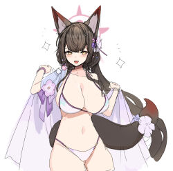 Rule 34 | 1girl, animal ears, bikini, black hair, blue archive, blush, breasts, brown eyes, brown hair, cleavage, commission, fangs, flower, fox ears, fox girl, fox tail, hair flower, hair ornament, halo, highres, kurowanjjyang, large breasts, long hair, looking at viewer, open mouth, simple background, skeb commission, solo, sparkle, swimsuit, tail, tail ornament, very long hair, wakamo (blue archive), wakamo (swimsuit) (blue archive), white background, yellow eyes