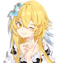 Rule 34 | alternate costume, blonde hair, blush, collarbone, feather hair ornament, flower hair ornament, genshin impact, hair ornament, heart, highres, long hair, looking at viewer, lumine (genshin impact), luobotou cuncun zhang, one eye closed, sidelocks, smile, white background, wink, yellow eyes
