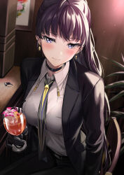 Rule 34 | 1girl, black jacket, blush, breasts, brown hair, collared shirt, cup, dolla (nikke), dress shirt, drinking glass, goddess of victory: nikke, highres, jacket, kuguri oimo, large breasts, long hair, long sleeves, multicolored necktie, necktie, open clothes, open jacket, ponytail, purple eyes, purple necktie, shirt, solo, white shirt, wine glass