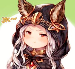 Rule 34 | &gt;:t, 1girl, :t, animal ears, blush, cat ears, cloak, ears through headwear, erune, granblue fantasy, hood, hooded cloak, long hair, looking at viewer, pout, red eyes, scathacha (granblue fantasy), silver hair, simple background, solo, sukemyon, upper body, v-shaped eyebrows