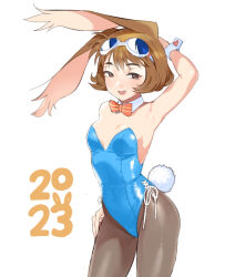 Rule 34 | 1girl, 2023, black pantyhose, blue leotard, bowtie, breasts, brown eyes, brown hair, conto, covered navel, detached collar, facing viewer, goggles, goggles on head, hand on own hip, large breasts, legs, leotard, looking at viewer, makihara arina, medium breasts, pantyhose, playboy bunny, rabbit ears, rabbit tail, short hair, smile, solo, striped bow, striped bowtie, striped clothes, waku waku 7