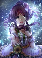 Rule 34 | 1girl, :d, bow, brown hair, choker, collarbone, dress, floating hair, flower, hair between eyes, hair bow, hair flower, hair ornament, hair ribbon, highres, idolmaster, idolmaster cinderella girls, layered dress, long hair, looking at viewer, ment, open mouth, outstretched arm, pink flower, ponytail, print dress, ribbon, sleeveless, sleeveless dress, smile, solo, standing, takamori aiko, white bow, white dress, white ribbon, wrist cuffs, yellow eyes