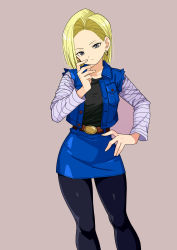 Rule 34 | 1girl, absurdres, android 18, belt, black shirt, blonde hair, blouse, blue eyes, dragon ball, dragonball z, ear piercing, earrings, hand on own hip, head tilt, highres, jacket, jewelry, leggings, long sleeves, looking at viewer, pantyhose, piercing, rokoido12, shiny clothes, shirt, short hair, simple background, skin tight, skirt, solo