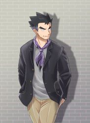 Rule 34 | 1boy, black eyes, black hair, black jacket, brown pants, buttons, closed mouth, commentary request, cowboy shot, creatures (company), game freak, grey shirt, hand in pocket, highres, jacket, koga (pokemon), makita (mugitya3776), male focus, nintendo, open clothes, open jacket, pants, pokemon, pokemon rgby, purple scarf, scarf, shirt, short hair, solo, spiked hair, zipper