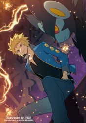 Rule 34 | 1boy, artist name, black shirt, blonde hair, blue eyes, blue jacket, chain, closed mouth, commentary request, creatures (company), electricity, from below, game freak, gen 4 pokemon, grey pants, highres, jacket, long sleeves, luxray, male focus, meiji ken, nintendo, open clothes, open jacket, pants, pokemon, pokemon (creature), pokemon dppt, shirt, short hair, sitting, smile, spiked hair, volkner (pokemon)