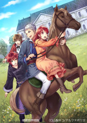 Rule 34 | 1boy, 3girls, boots, brown eyes, brown hair, cross-laced footwear, day, dress, green eyes, horse, lace-up boots, long hair, multiple girls, multiple riders, open mouth, orange dress, outdoors, red eyes, red hair, riding, seirei chikai monogatari, short hair, silver hair, sky, yamigo