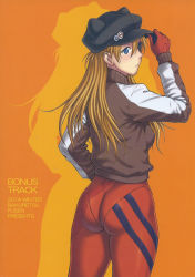 Rule 34 | 1girl, adjusting clothes, adjusting headwear, ass, bakuretsu fusen, blonde hair, blue eyes, blush, bodysuit, bodysuit under clothes, breasts, curvy, denkichi, evangelion: 3.0 you can (not) redo, eyepatch, female focus, from behind, hat, highres, huge ass, jacket, legs, long hair, looking back, looking to the side, neon genesis evangelion, orange background, plugsuit, rebuild of evangelion, scan, serious, simple background, skin tight, solo, souryuu asuka langley, standing, thick thighs, thighs, tsundere, twintails, wide hips
