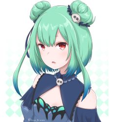 Rule 34 | 1girl, absurdres, animal print, bad id, bad twitter id, bare shoulders, blue dress, blue ribbon, blunt bangs, blush, breasts, brooch, butterfly print, cleavage, cowboy shot, detached sleeves, disco brando, double bun, dress, green hair, hair bun, hair ornament, hair ribbon, highres, hololive, jewelry, medium hair, open mouth, red eyes, ribbon, simple background, skull collar, skull hair ornament, small breasts, solo, standing, upper body, uruha rushia, uruha rushia (1st costume), virtual youtuber