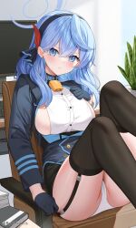 Rule 34 | 1girl, absurdres, ako (blue archive), artist name, bell, black gloves, black hairband, black thighhighs, blue archive, blue eyes, blue hair, blue halo, blue jacket, blush, breasts, cameltoe, closed mouth, cowbell, day, earrings, garter straps, gloves, hair between eyes, hairband, half gloves, halo, hand on own chest, highres, indoors, jacket, jewelry, large breasts, long hair, long sleeves, looking at viewer, neck bell, panties, rynzfrancis, sideboob, sitting, solo, stud earrings, thighhighs, underwear, white panties